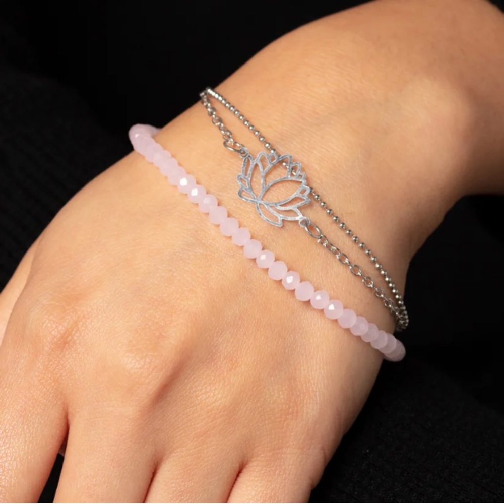 Pink Silver Beaded Lotus Bracelet